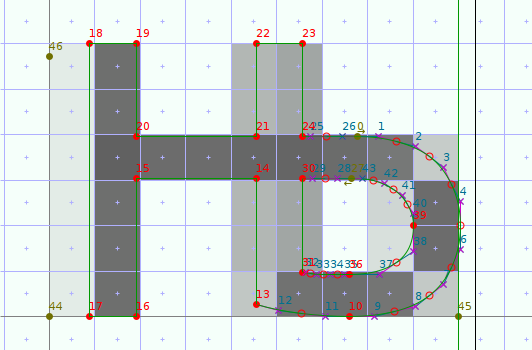 After hinting, size 11px. Segments 43-27-28 and 14-15 are aligned on a single edge, as are segments 26-0-1 and 20-21.